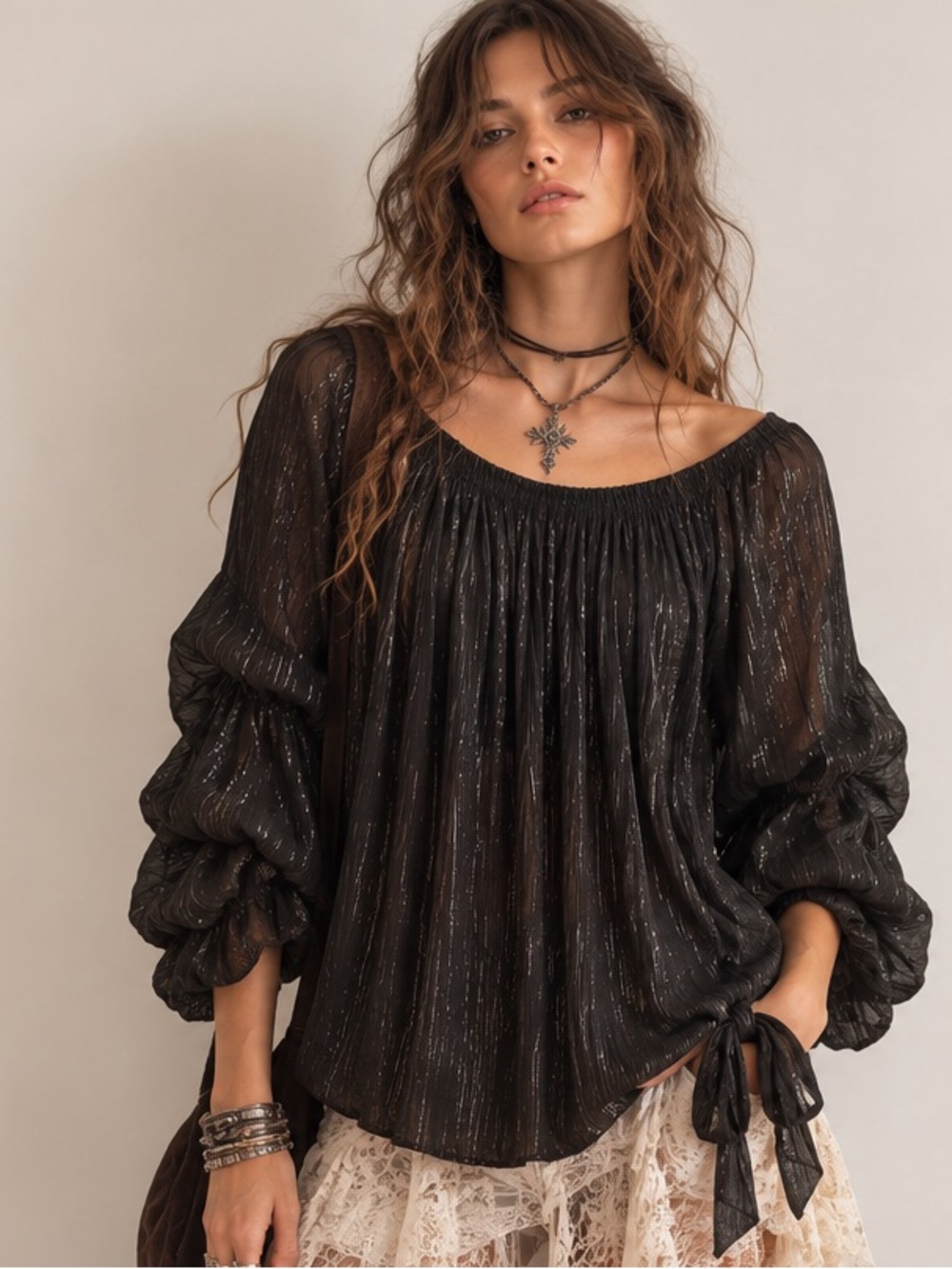 Vince Camuto Black Off-Shoulder Romantic Fairy Grunge Puff Sleeve Blouse Large